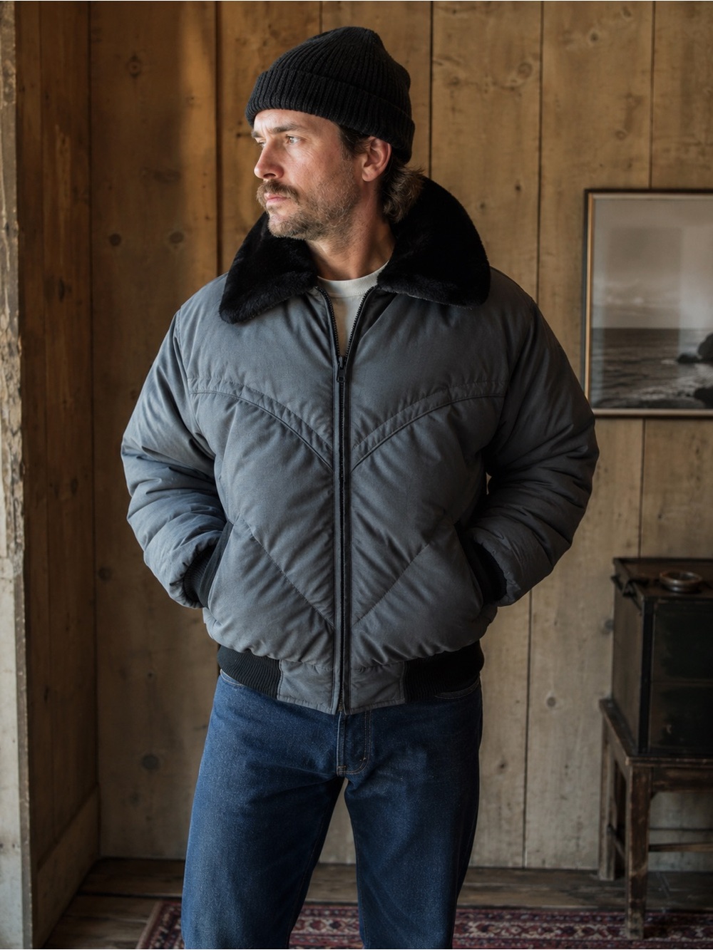 Vintage Comfy Men’s M Gray Down Puffer Jacket Black Faux Fur Collar USA Made